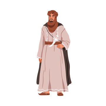 Arab man wearing traditional Moroccan apparel, headwear, dagger. Saudi Arabian caracter dressed in ethnic attire. Muslim person, national outfit. Flat vector illustration isolated on white background