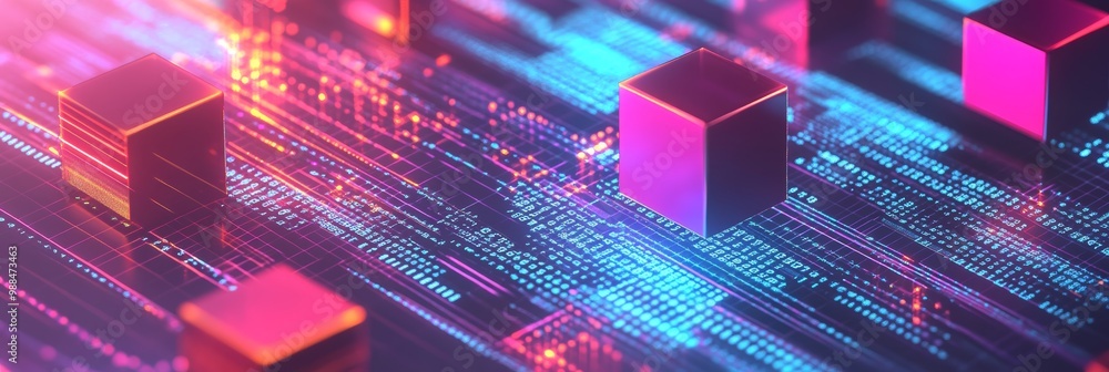 Poster Abstract glowing blocks of data floating over a digital grid background. Vibrant depiction of blockchain and data storage concepts.