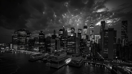 Obraz premium Urban landscape at night, captured in monochrome