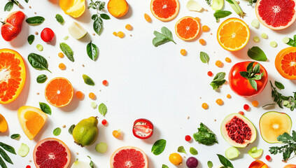 A vibrant, colorful background with scattered fruits and vegetables forming an empty white circle in the center on a clean white backdrop. Created with Ai
