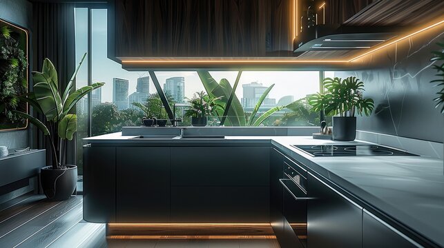 A futuristic kitchen dream design apartment set in the near future, stylistic furniture, dark wooden elements, electronic devices, home plant.