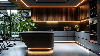A futuristic kitchen dream design apartment set in the near future, stylistic furniture, dark wooden elements, electronic devices, home plant.