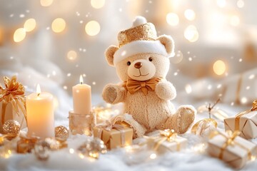 Festive Bear in Luxury Christmas Attire with Ribbons