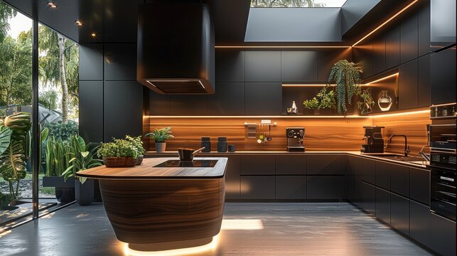 A futuristic kitchen dream design apartment set in the near future, stylistic furniture, dark wooden elements, electronic devices, home plant.