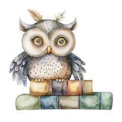 Cute Watercolor Owl on Stack of Vintage Books