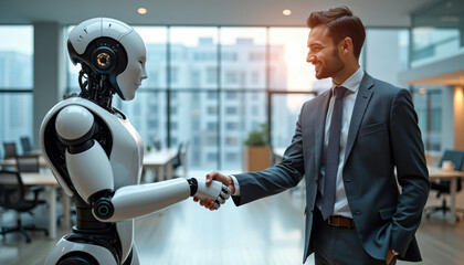 Futuristic Business Meeting - Handshake between Human and Robot
