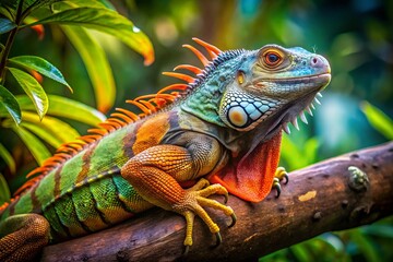 Fototapeta premium * A technicolor iguana, fully grown and radiant, claims its spot on a sturdy branch, basking in the