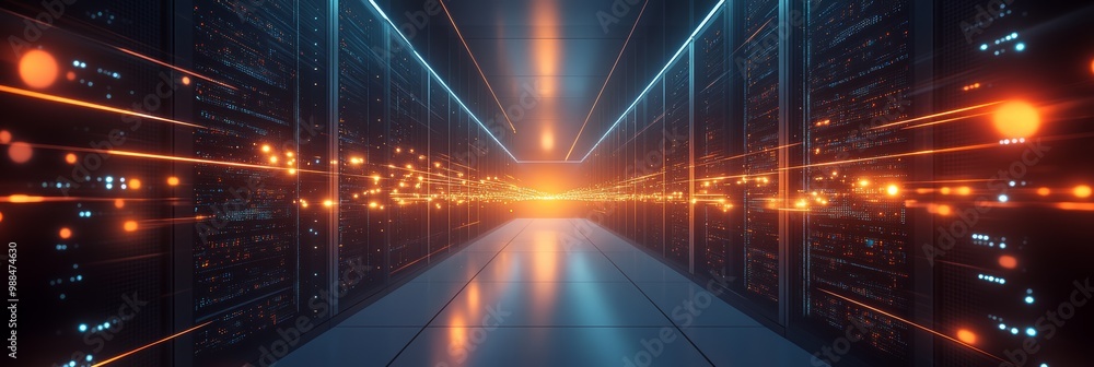 Poster a futuristic data center corridor with orange and blue lights symbolizing digital information flow t