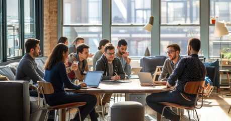 Fototapeta premium Diverse Creative Team Collaborating in Modern Open Office Environment for Strategic Business Planning