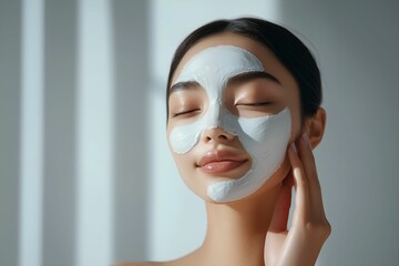 A young woman finds serenity in her skincare routine, her face adorned with a rejuvenating facial mask. enjoying beauty treatments