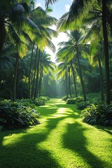 Obraz premium Sunlight filters through a dense coconut grove, casting serene shadows on the green floor