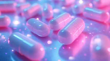 Iridescent capsules softly glowing on a pastel blue surface, scattered in an elegant arrangement under ambient light, representing futuristic medical tech