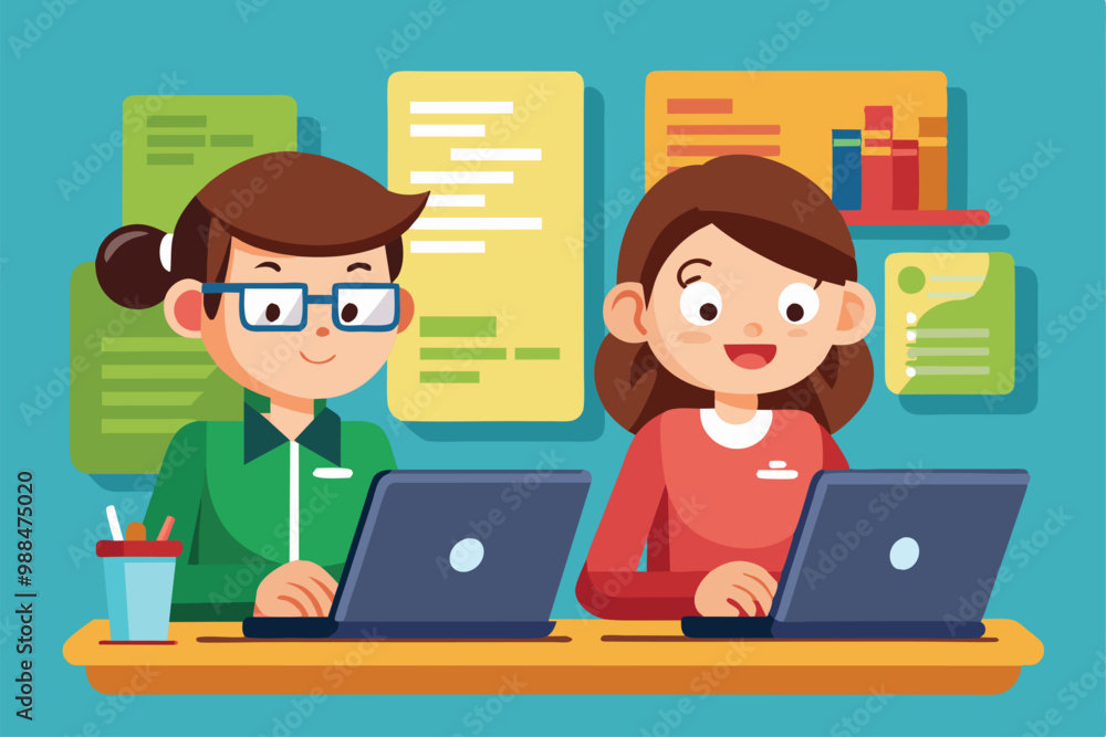 Poster two programmers actively engage in a pair programming session at their desks, focused on their lapto