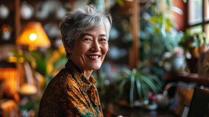 Obraz premium Smiling Senior woman in a cafe with a cozy and calming interior. Portrait of asian female enjoying a cup of coffee in a casual setting.