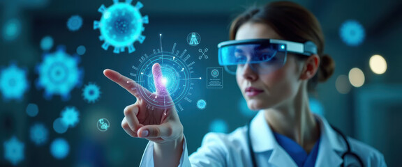 Woman doctor wearing augmented reality glasses works on a medical futuristic  interface, close-up