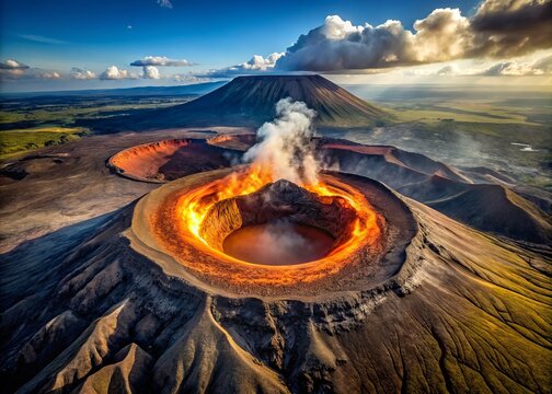 A towering shield volcano anchors the landscape, its circular form offset by a prominent central crater and fiery