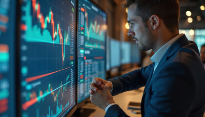Fototapeta premium Businessman Analyzing Stock Market Data on Computer Monitors