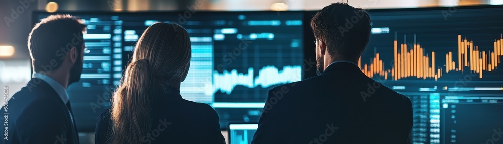 Poster analysts examining financial data on large display screen
