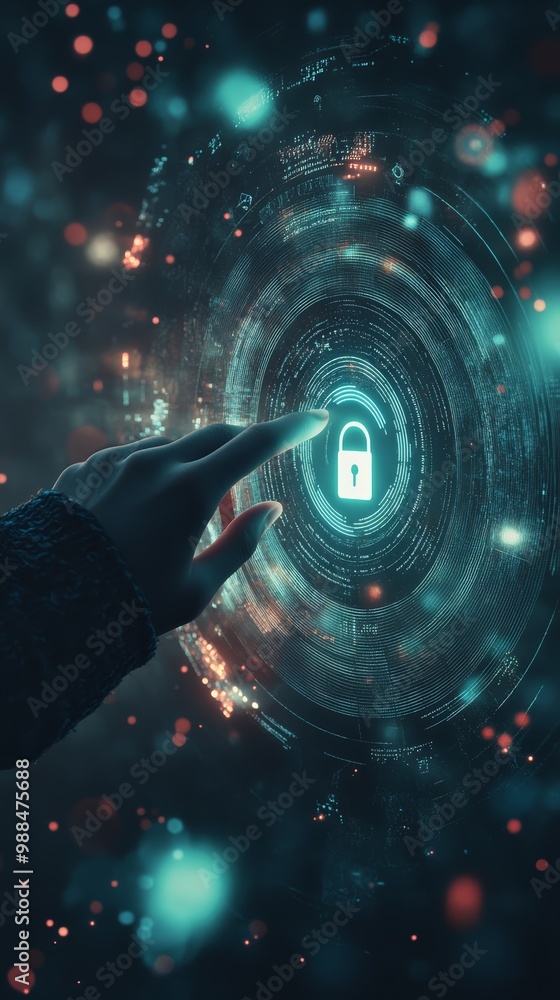 Poster Hand pointing at a glowing padlock symbol on a digital screen with cyber effects. Data encryption and security concept.