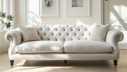 White chesterfield sofa standing in a sunlit minimalist living room