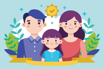 A cheerful family of three poses together, showcasing a parent on each side of their smiling daughter in a vibrant, colorful environment.