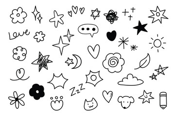 Doodle hand drawn cartoon. Element of star, sparkle, flower, sun and heart