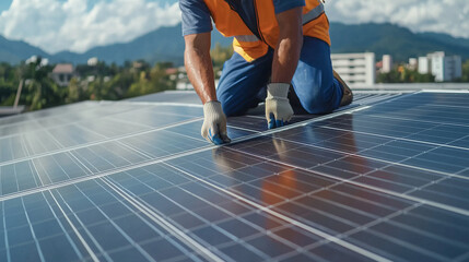 Technician Installing Solar Panels on Rooftop