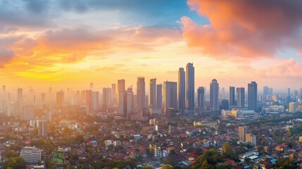 Fototapeta premium Panoramic Jakarta skyline with urban skyscrapers in the afternoon. Jakarta, Indonesia