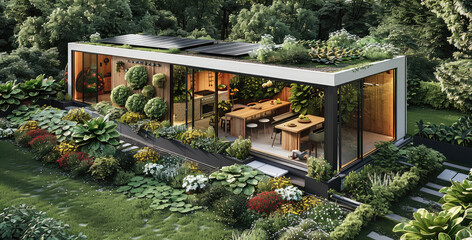 A modern allotment with habitable garden shed and solar roof, with some lawn with vegetables and fruit.