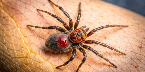 A venomous recluse spider's bite leaves a trail of devastation on human skin, a deep, festering ulcer at