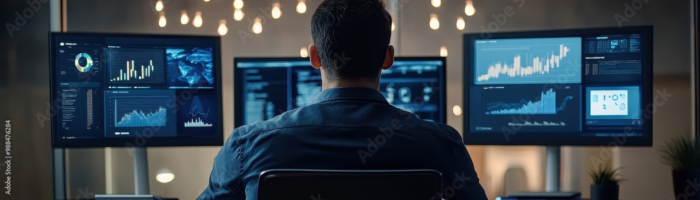 Poster analyzing financial data in a high-tech control room