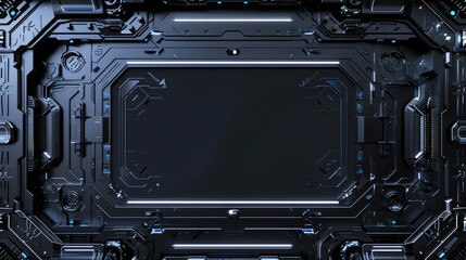 Futuristic Black Panel with Glowing Blue Lights and Detailed Mechanical Design