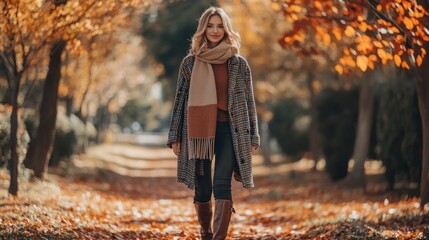 Autumn Stroll in Style - Fashionable Model in Oversized Scarf and Leather Boots Amid Fall Foliage