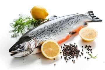 Fresh fish served with lemon, pepper, and dill on a clean white surface