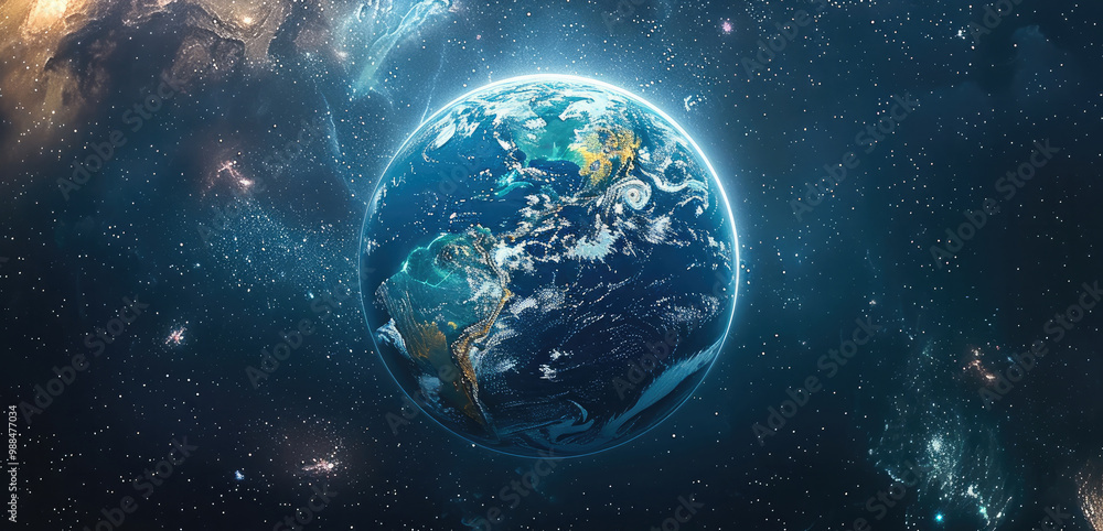 Poster A crystal-clear Earth floating in space, with the colorful auroras of a distant planet in the background, highlighting interstellar exploration and unity.
