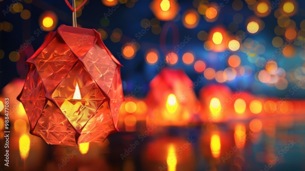 Poster a red lantern hangs from a string against a warm lighted background