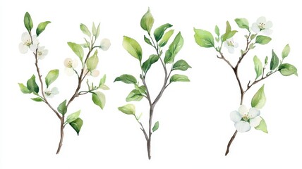 Fototapeta premium Set of watercolor red apple on branch with leaves,Watercolor illustration of a sweet fruit on a white background,illustration Isolated drawing,hand drawn concept,copy space.