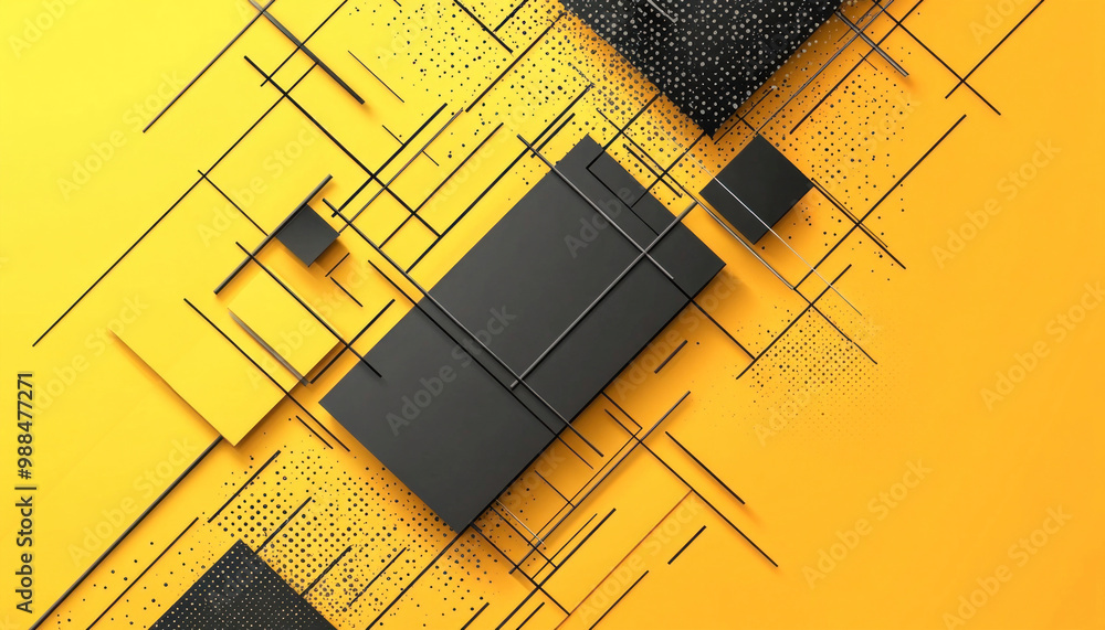 Poster abstract geometric background with black lines and squares over yellow background