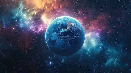 Naklejka premium A crystal-clear Earth floating in space, with the colorful auroras of a distant planet in the background, highlighting interstellar exploration and unity.