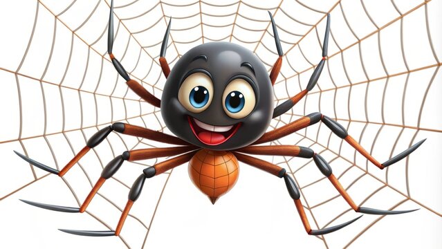 A whimsical cartoon spider twirls a web with finesse while dangling from the ceiling, its cheerful grin gleaming