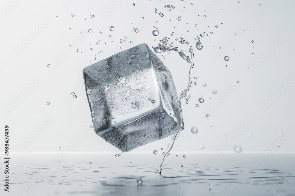 Poster a single ice cube falls into a pool of calm water, creating ripples and steam