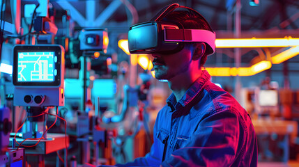Obraz premium A working man in virtual glasses controls the production process. Neural network AI generated art