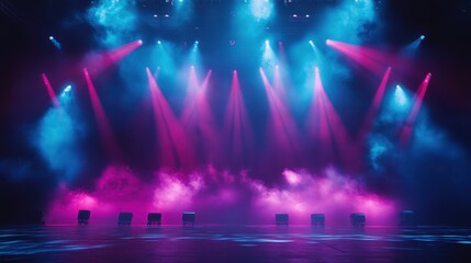 Vibrant Stage Lights in Blue and Pink with Fog Effects at a Concert or Event Venue