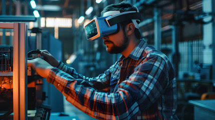 A working man in virtual glasses controls the production process. Neural network AI generated art