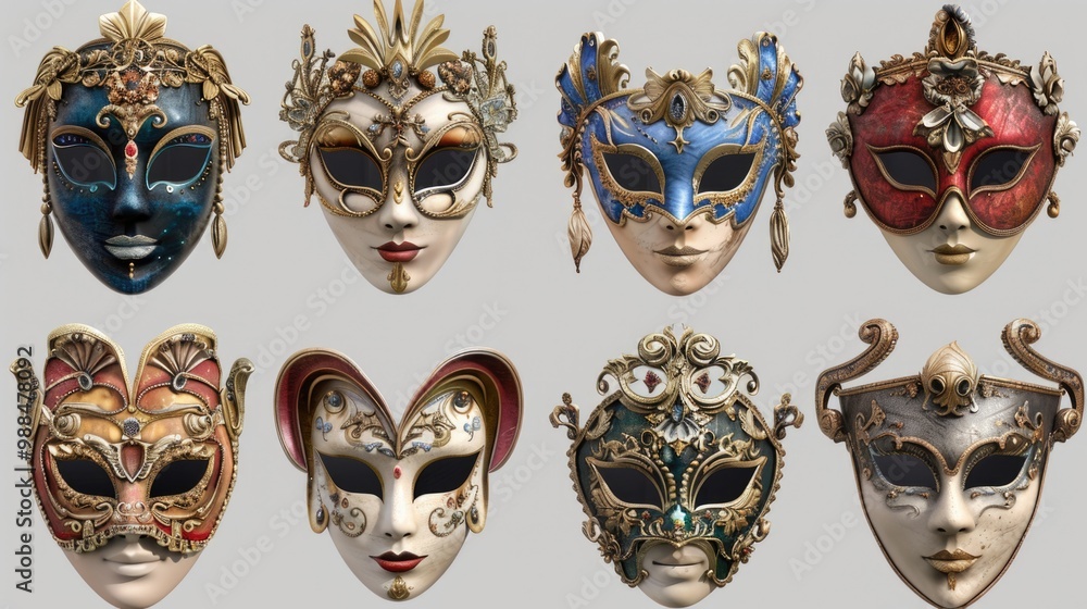 Poster a collection of unique masks with diverse designs and patterns