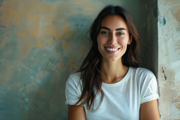 Fototapeta premium Portrait of a young woman with long brown hair, smiling and looking directly at the camera