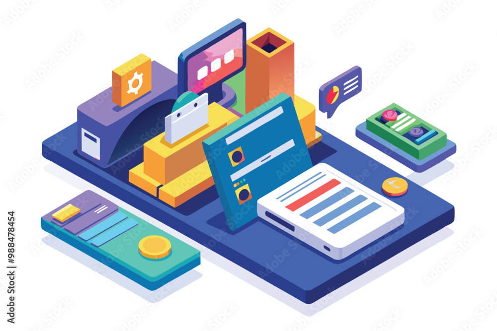 Poster a vibrant isometric illustration showcasing customizable payment interfaces across various devices, 