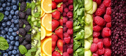 Fresh Organic Fruits And Vegetables Arranged In Rainbow Colors Seamless Panorama, Top View