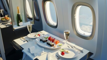 Lunch with champagne on board the plane
