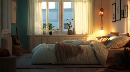 Cozy Bedroom Retreat with Warm Lighting and Inviting Interior